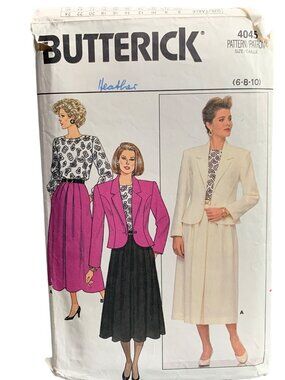 Butterick 4045 Sewing Pattern Misses Jacket Skirt Shirt Skirt Size 6 8 10 80s